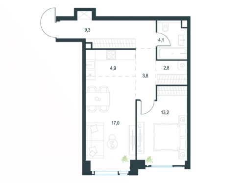 2-комнатная, 55.1 м²