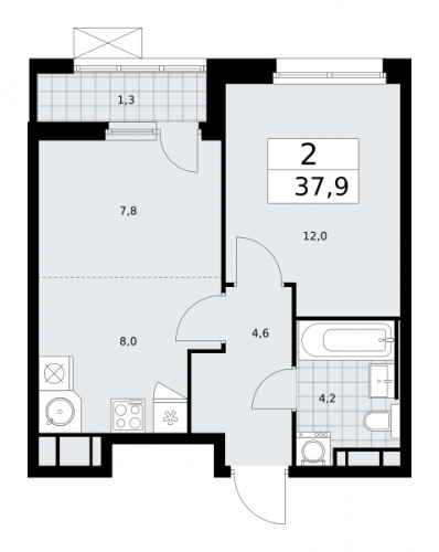 2-комнатная, 37.9 м²