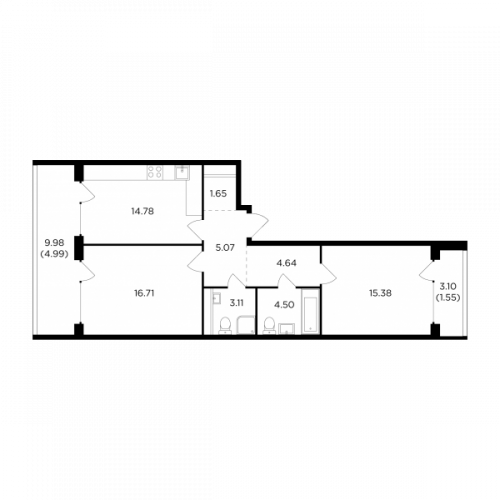 2-комнатная, 72.38 м²