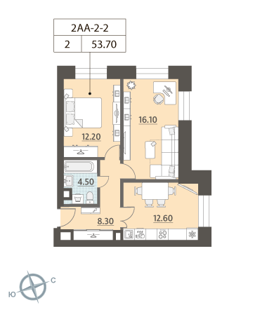 2-комнатная, квартира, 53.7 м²