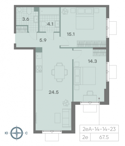 2-комнатная, квартира, 67.5 м²