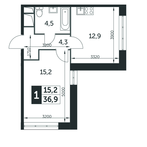 1-комнатная, квартира, 36.9 м²