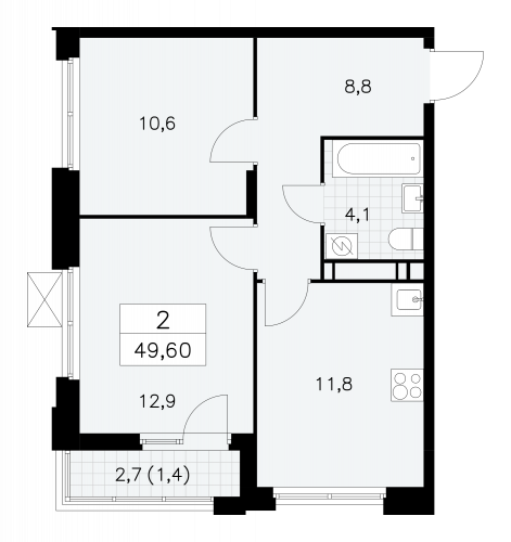 2-комнатная, 49.6 м²