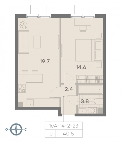 1-комнатная, квартира, 40.5 м²