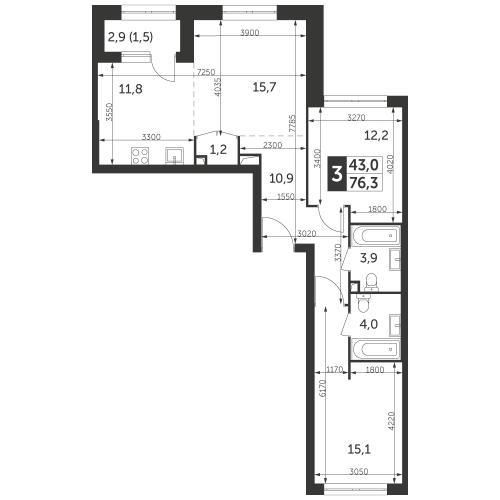 3-комнатная, квартира, 76.3 м²