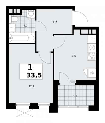 1-комнатная, 33.5 м²