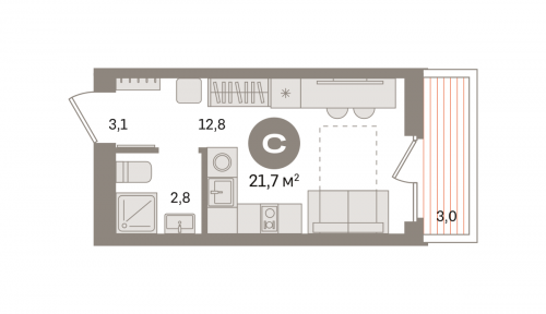 Студия, 21.7 м²