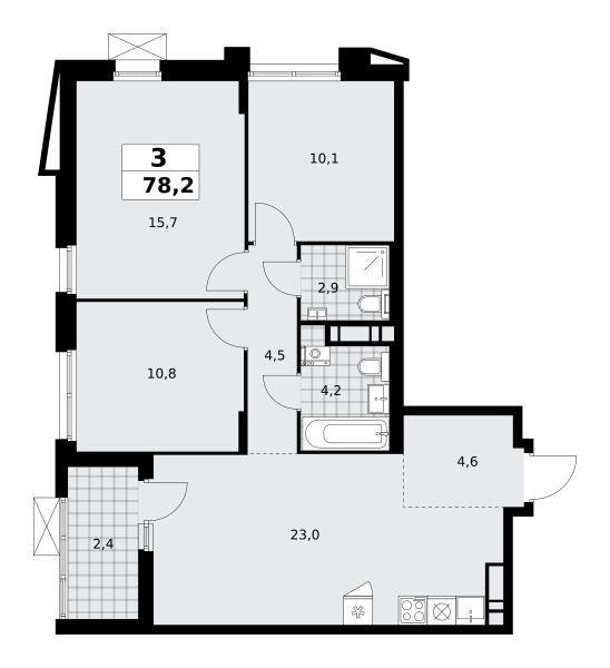 3-комнатная квартира №58К-7.1.3-509, 78,2 м² за 21,59 млн руб. в ЖК «Прокшино» - планировка