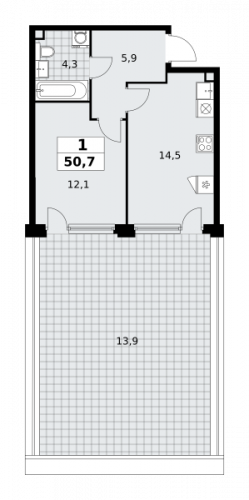 1-комнатная, 50.7 м²