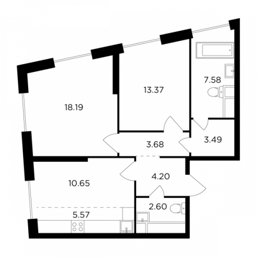 3-комнатная, 69.33 м²