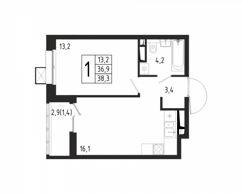 1-комнатная, квартира, 38.3 м²