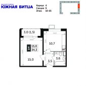 1-комнатная квартира 34,3 м²