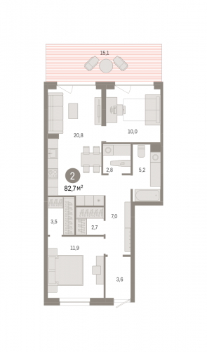 2-комнатная, 82.65 м²