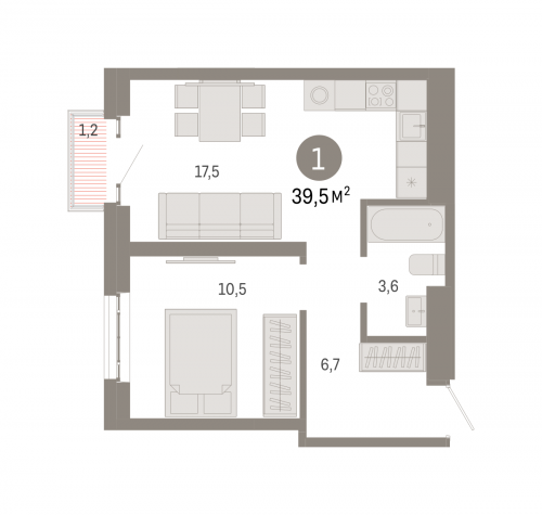 1-комнатная, квартира, 39.5 м²