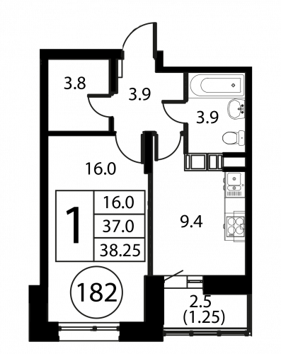 1-комнатная, квартира, 38.25 м²