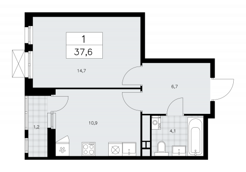 1-комнатная, 37.6 м²