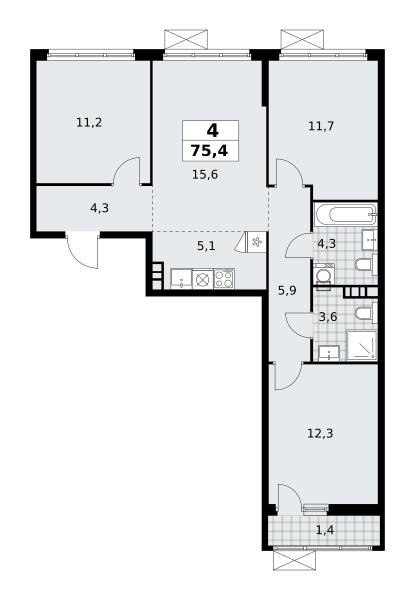 4 комнаты до 75.4