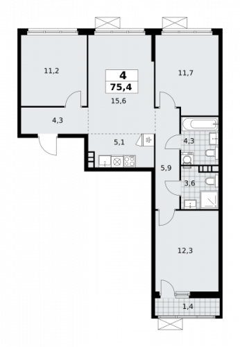 Многокомнатная, 75.4 м²