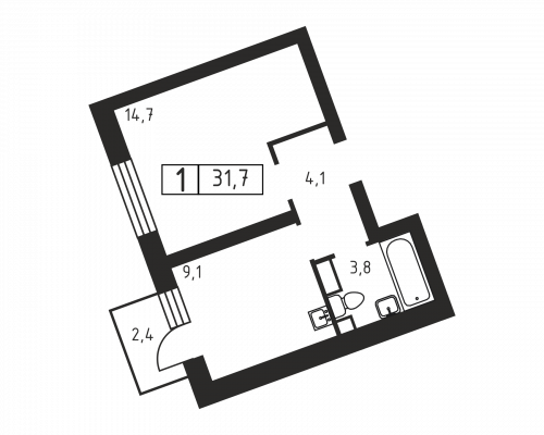 1-комнатная, 31.7 м²