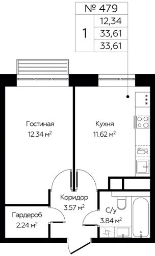 1-комнатная, 33.61 м²