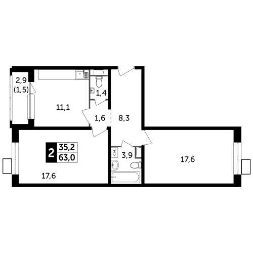2-комнатная, квартира, 63 м²