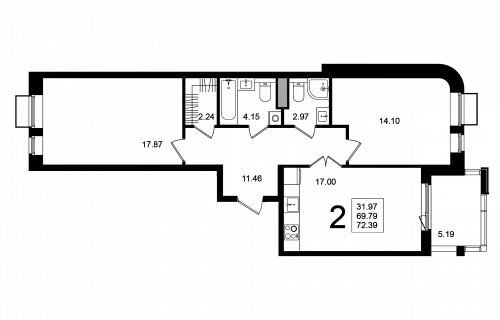 2-комнатная, квартира, 72.39 м²
