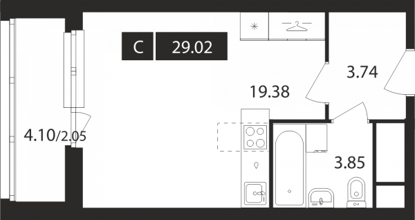 Студия, 29.02 м²