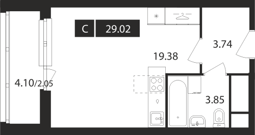Студия, 29.02 м²