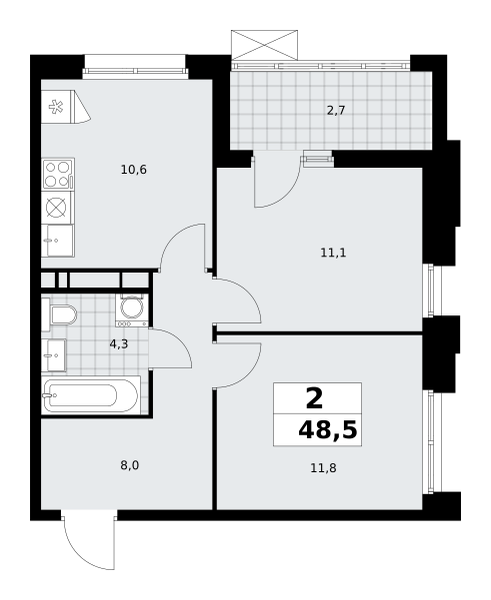 2-комнатная квартира №58К-7.1.4-627, 48,5 м² за 14,06 млн руб. в ЖК «Прокшино» - планировка