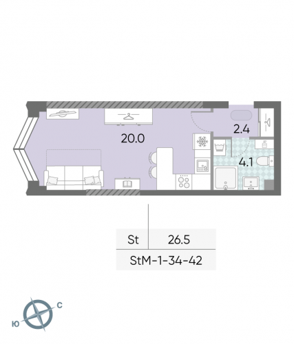 Студия, 26.5 м²