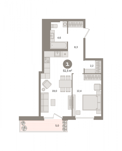 1-комнатная, квартира, 51.49 м²