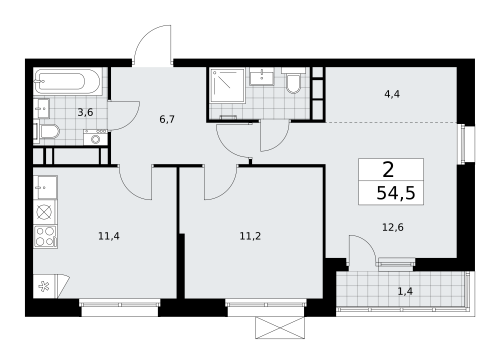 2-комнатная, 54.5 м²