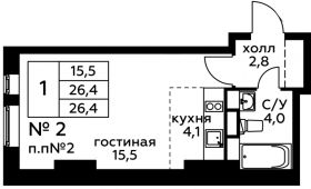 1-комнатная квартира 26,4 м²