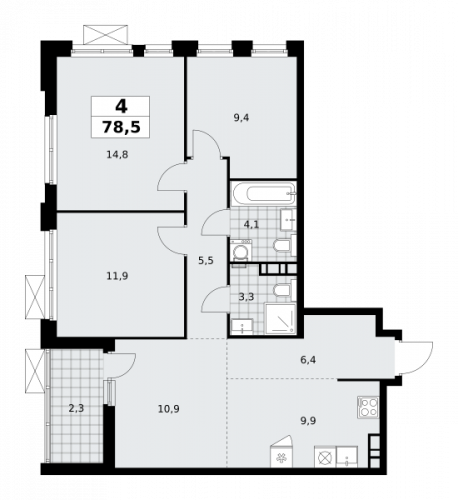 Многокомнатная, 78.5 м²