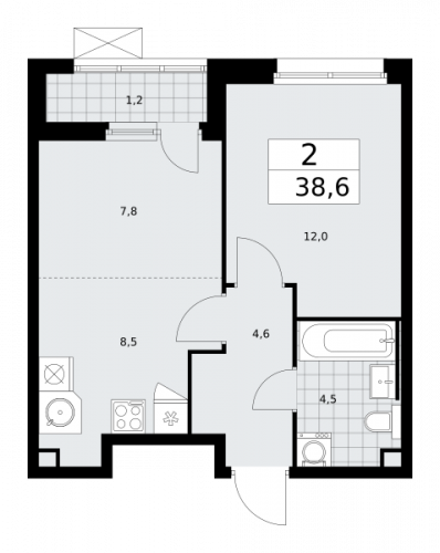 2-комнатная, 38.6 м²