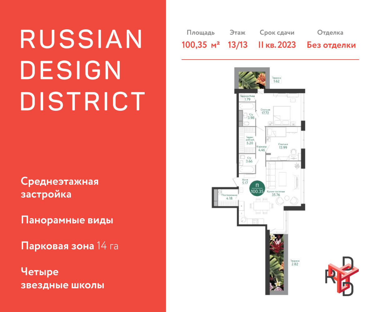 3-комнатная квартира №80219, 100,6 м² за 32,51 млн руб. в ЖК «Russian Design District» - планировка