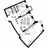2-комнатная квартира 61,06 м²
