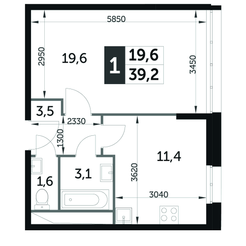 1-комнатная, квартира, 39.1 м²