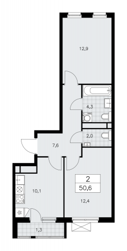 2-комнатная, 50.6 м²