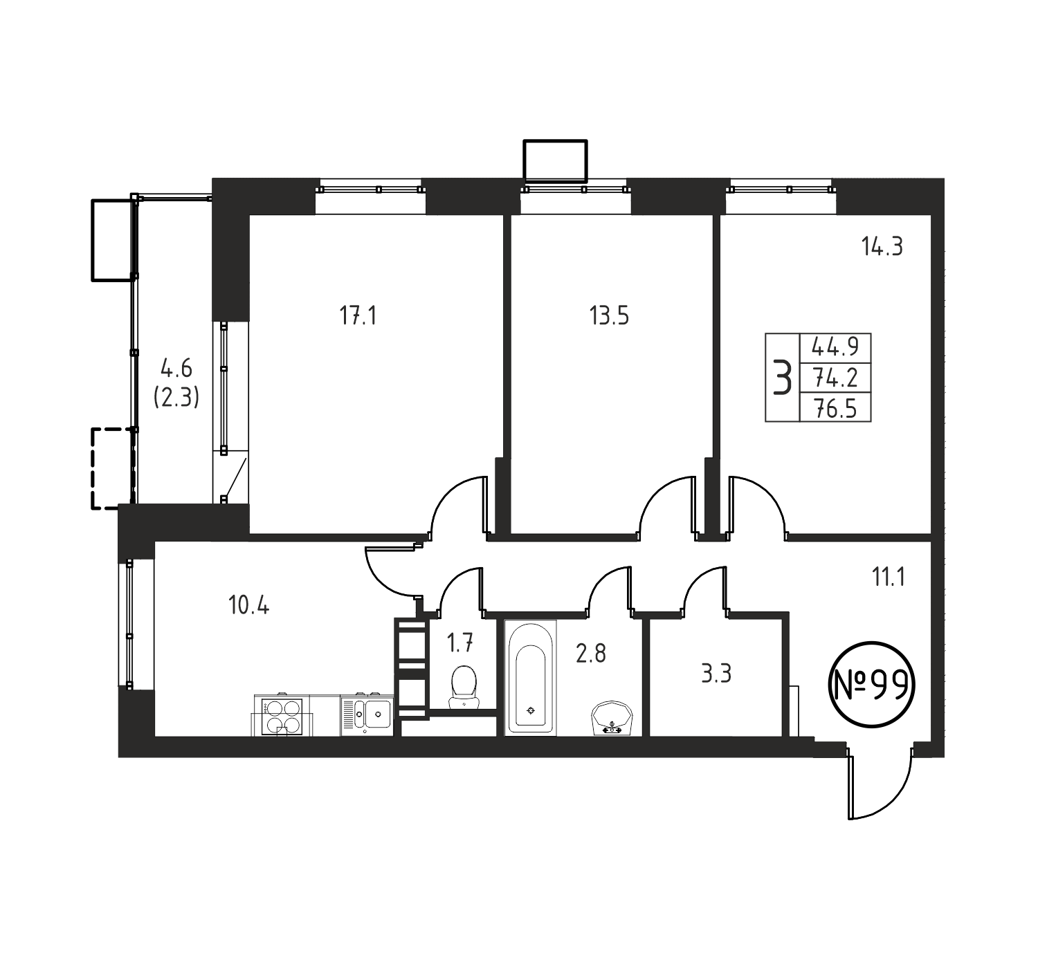 3-комнатная квартира №99, 76,5 м² за 10,86 млн руб. в ЖК «Космос» - планировка