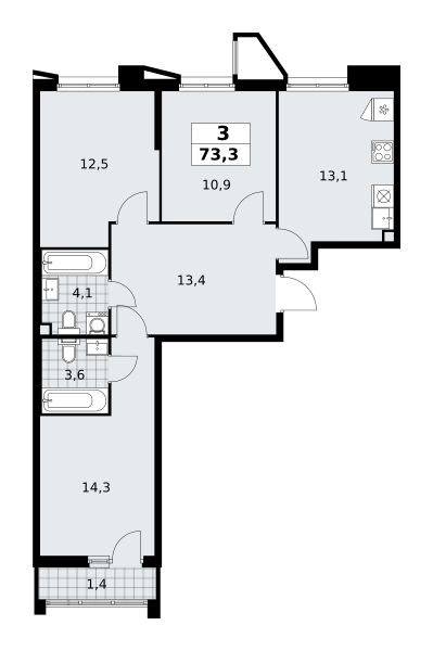 3-комнатная квартира №58К-7.1.2-277, 73,3 м² за 18,69 млн руб. в ЖК «Прокшино» - планировка