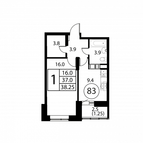 1-комнатная, квартира, 38.25 м²