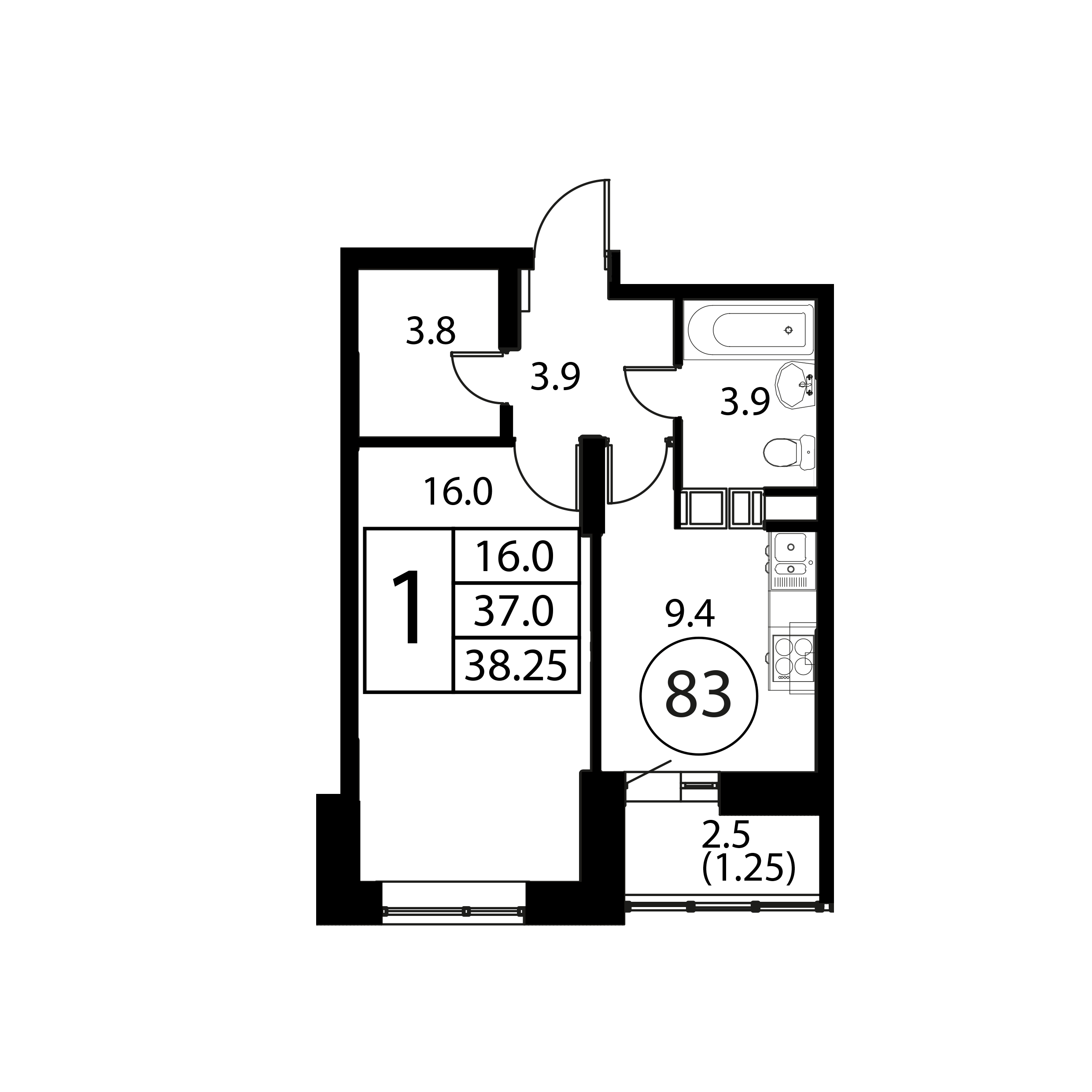 1-комнатная квартира №83, 38,3 м² за 6,46 млн руб. в ЖК «Космос» - планировка