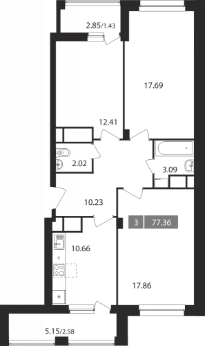 3-комнатная, квартира, 77.36 м²