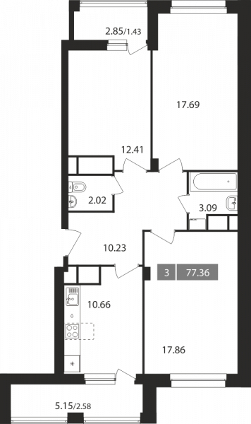 3 комнаты до 77.36