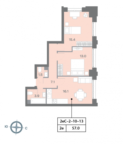 2-комнатная, квартира, 57.2 м²