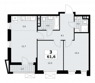 3-комнатная квартира 61,6 м²