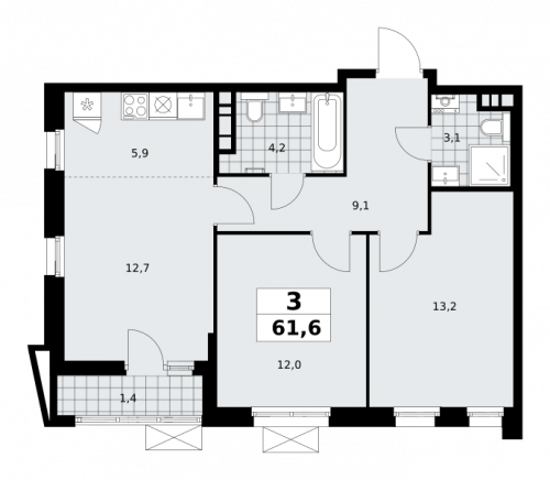 3-комнатная, 61.6 м²