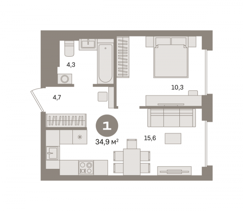 1-комнатная, квартира, 34.88 м²