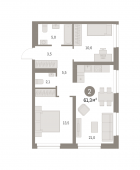 2-комнатная квартира 61,34 м²